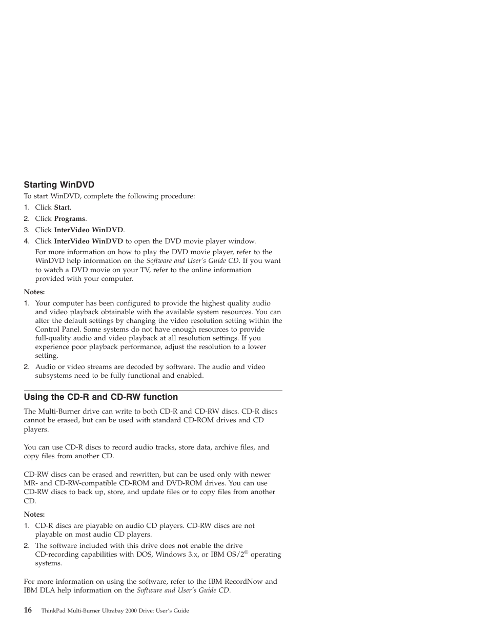 Starting windvd, Using the cd-r and cd-rw function | IBM ThinkPad 22P7028 User Manual | Page 24 / 54