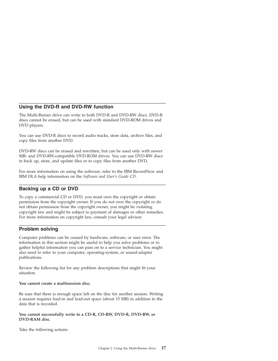 Using the dvd-r and dvd-rw function, Backing up a cd or dvd, Problem solving | IBM ThinkPad 22P7028 User Manual | Page 25 / 54
