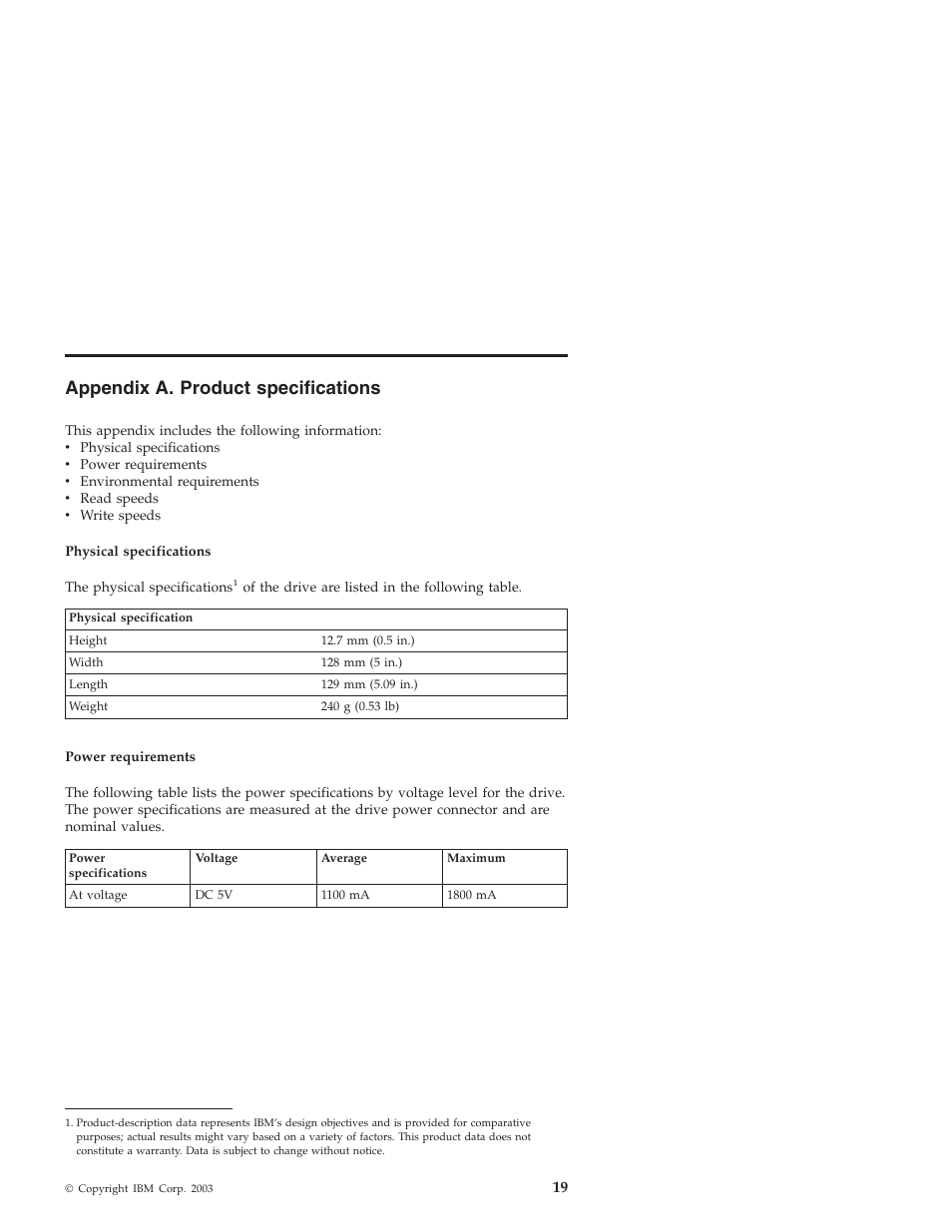 Appendix a. product specifications | IBM ThinkPad 22P7028 User Manual | Page 27 / 54