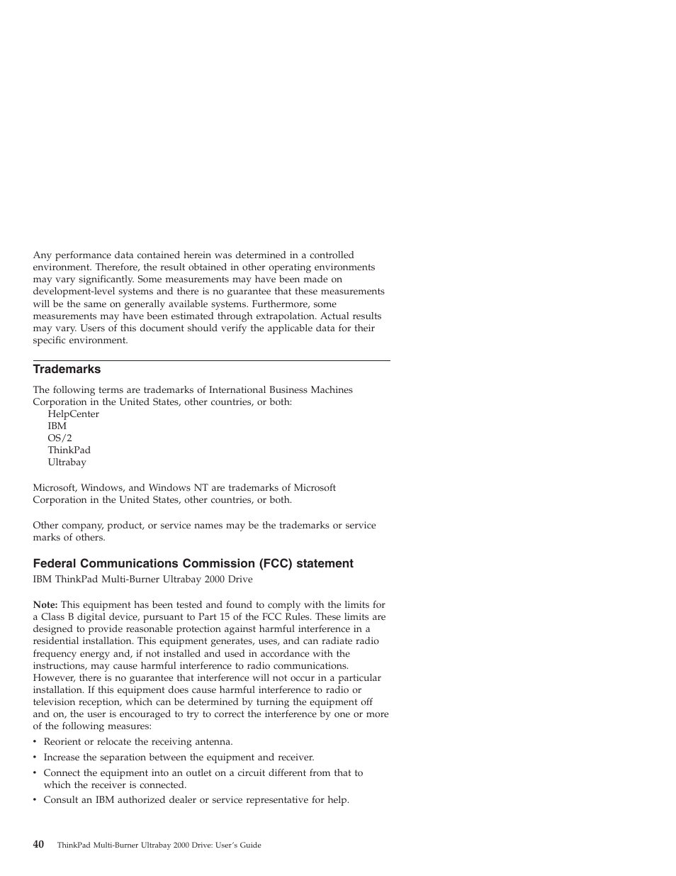 Trademarks, Federal communications commission (fcc) statement | IBM ThinkPad 22P7028 User Manual | Page 48 / 54