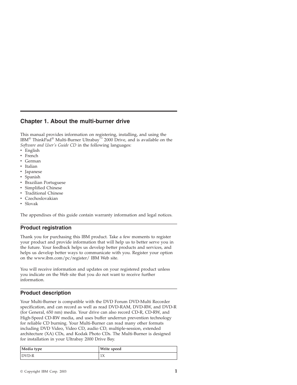 Chapter 1. about the multi-burner drive, Product registration, Product description | IBM ThinkPad 22P7028 User Manual | Page 9 / 54