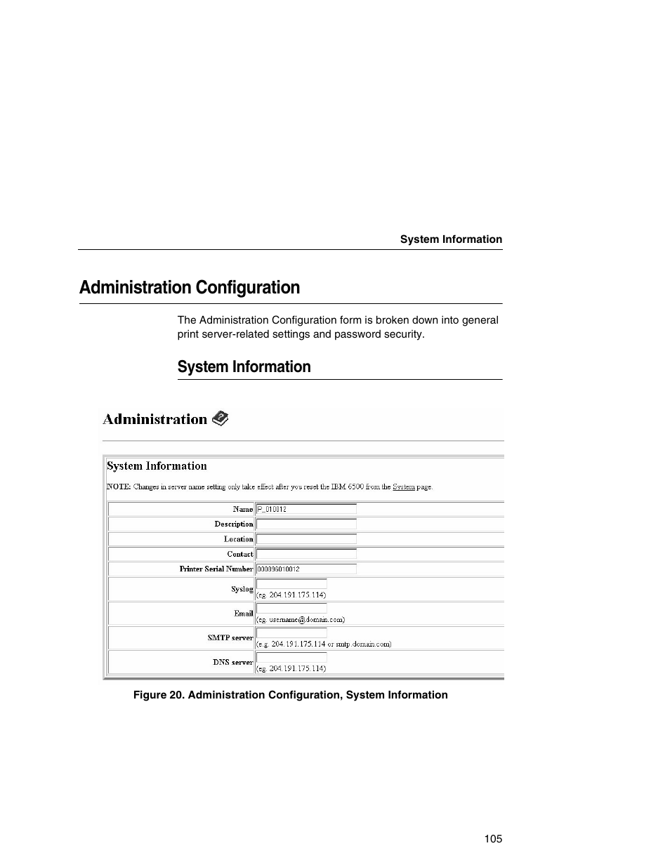 Administration configuration, System information | IBM INFOPRINT 6500 User Manual | Page 105 / 398