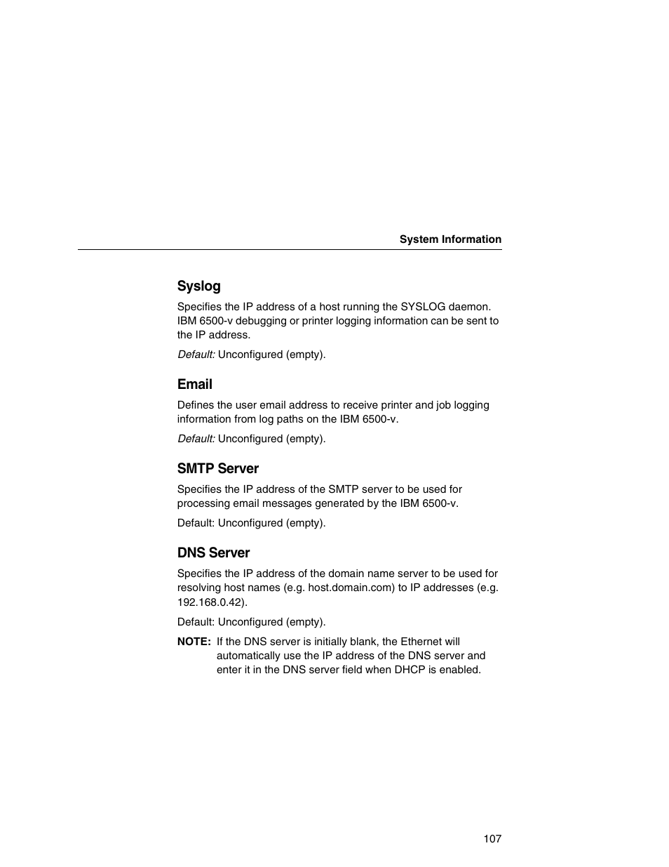 Syslog, Email, Smtp server | Dns server | IBM INFOPRINT 6500 User Manual | Page 107 / 398