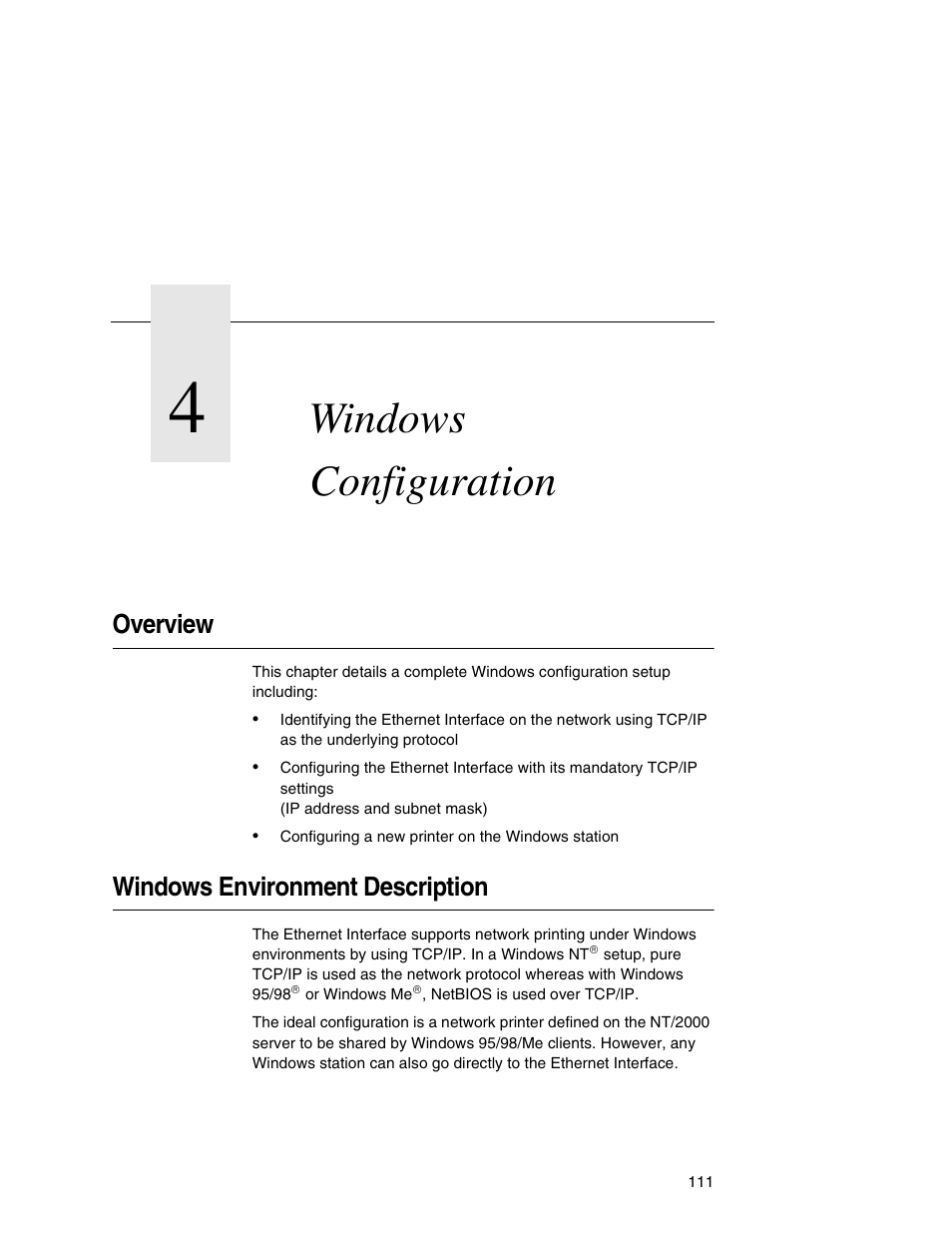 4 windows configuration, Overview, Windows environment description | Windows configuration | IBM INFOPRINT 6500 User Manual | Page 111 / 398