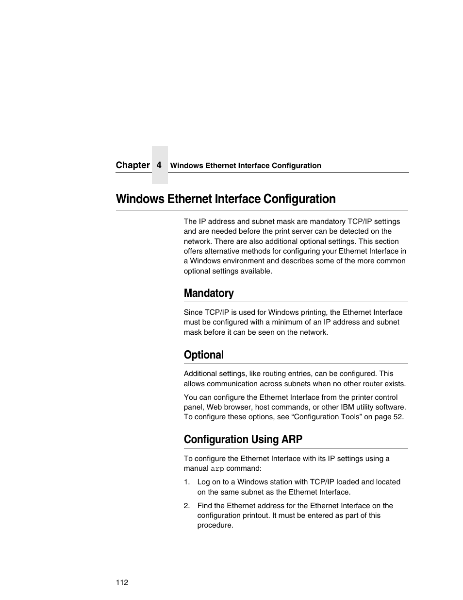 Windows ethernet interface configuration, Mandatory, Optional | Configuration using arp | IBM INFOPRINT 6500 User Manual | Page 112 / 398