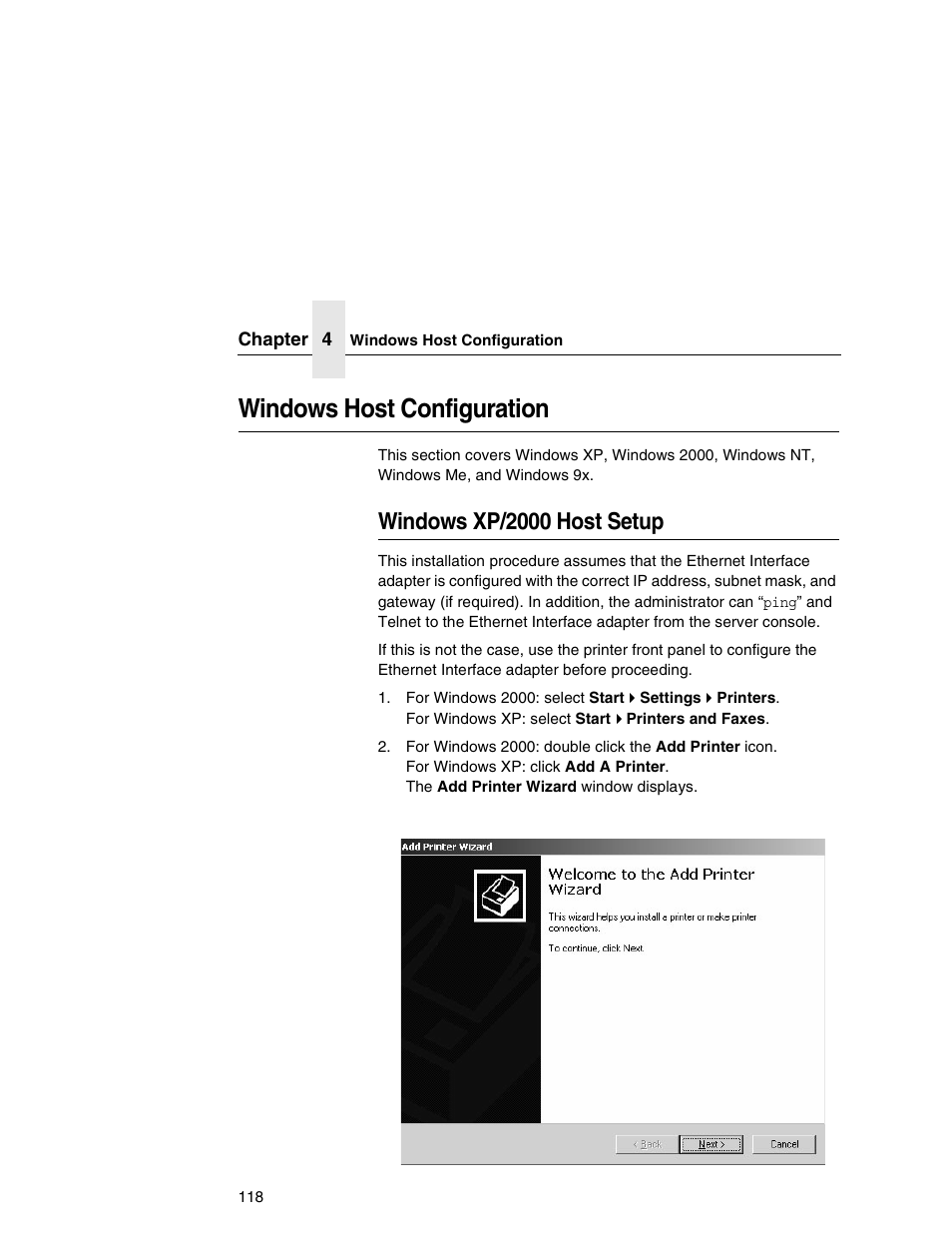 Windows host configuration, Windows xp/2000 host setup | IBM INFOPRINT 6500 User Manual | Page 118 / 398