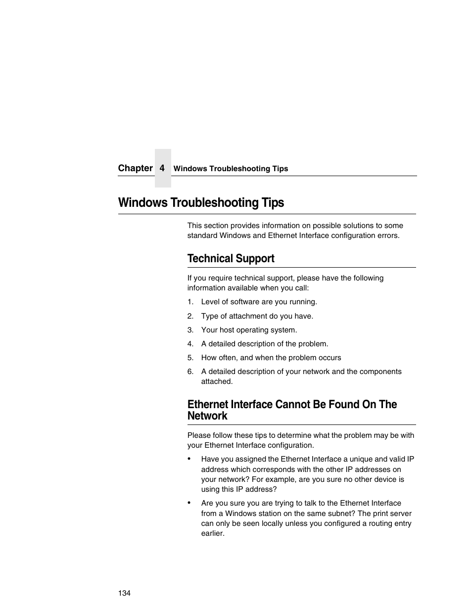 Windows troubleshooting tips, Technical support, Ethernet interface cannot be found on the network | Ethernet interface cannot be found on, The network | IBM INFOPRINT 6500 User Manual | Page 134 / 398