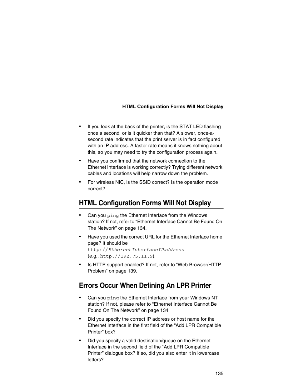 Html configuration forms will not display, Errors occur when defining an lpr printer | IBM INFOPRINT 6500 User Manual | Page 135 / 398