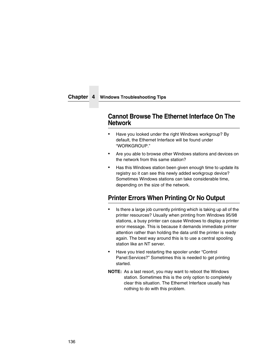Printer errors when printing or no output, Cannot browse the ethernet interface on, The network | IBM INFOPRINT 6500 User Manual | Page 136 / 398