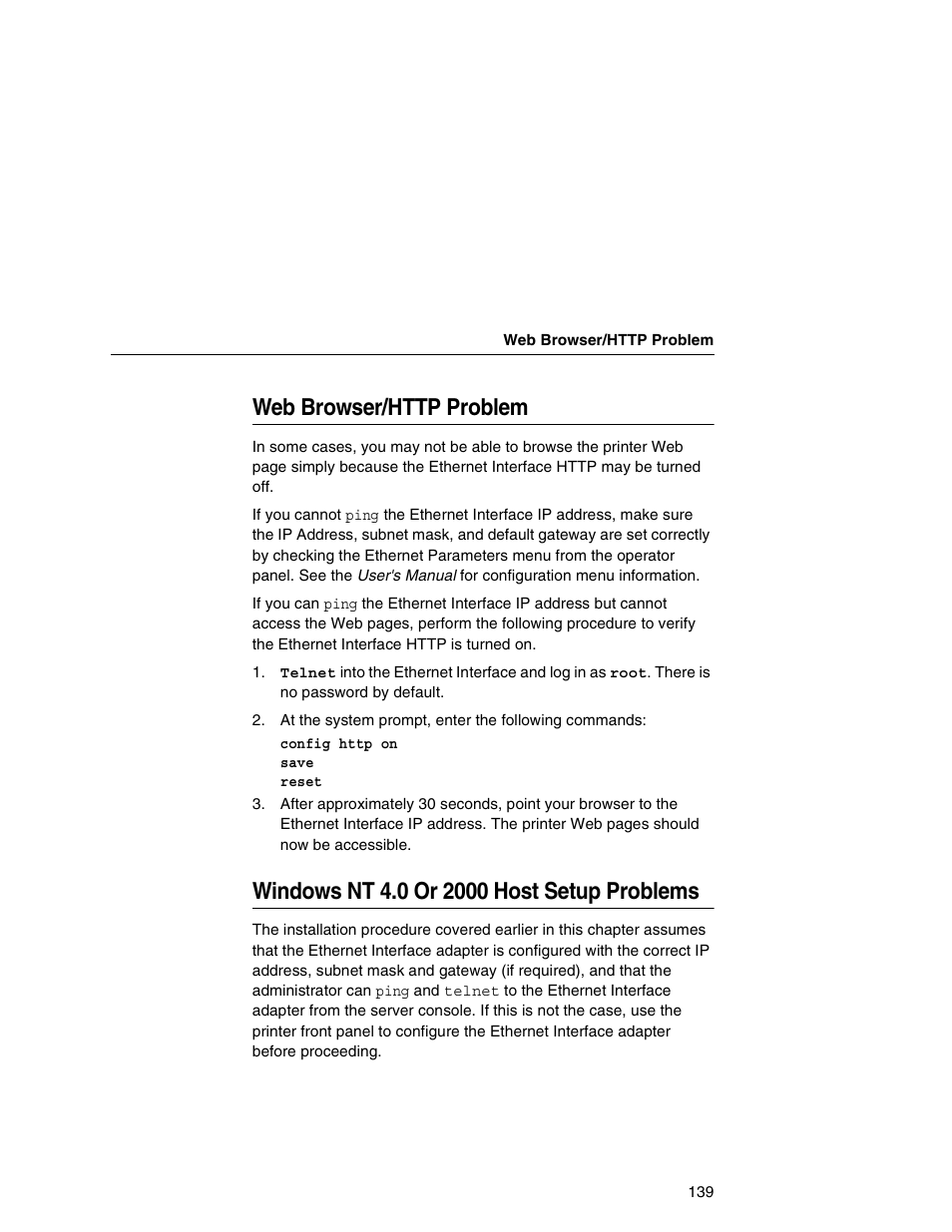 Web browser/http problem, Windows nt 4.0 or 2000 host setup problems | IBM INFOPRINT 6500 User Manual | Page 139 / 398