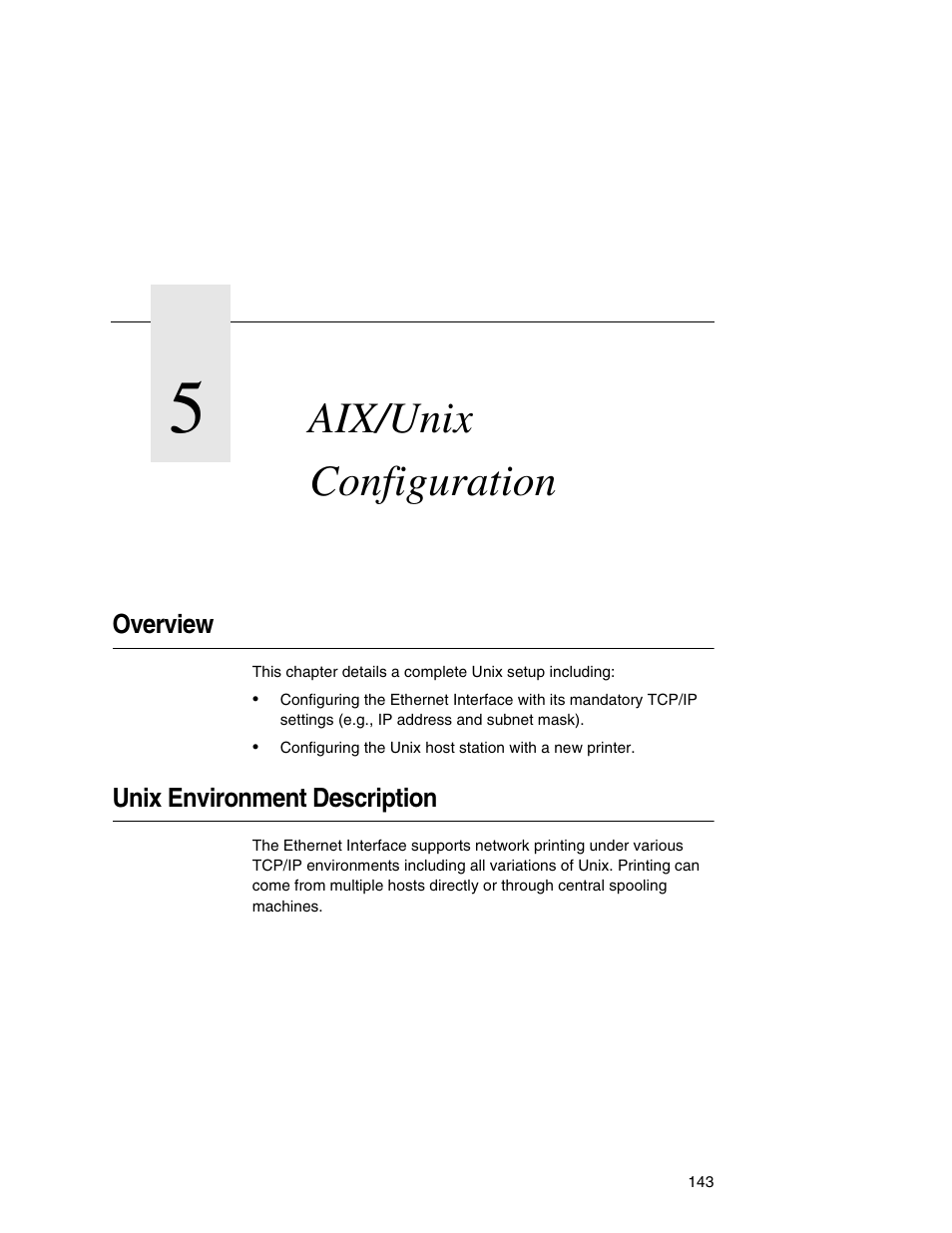 5 aix/unix configuration, Overview, Unix environment description | Aix/unix configuration | IBM INFOPRINT 6500 User Manual | Page 143 / 398