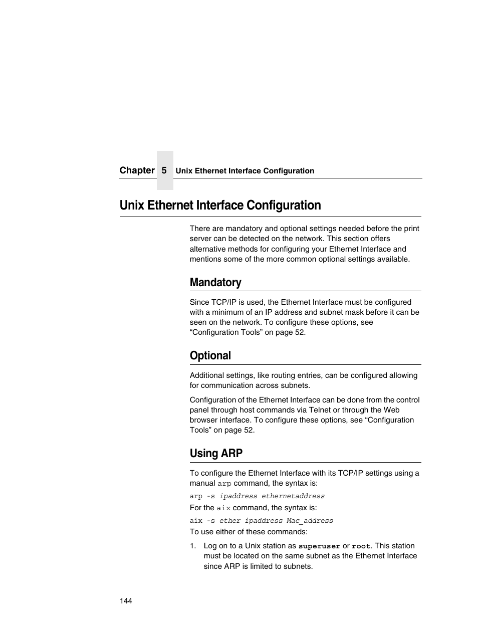 Unix ethernet interface configuration, Mandatory, Optional | Using arp | IBM INFOPRINT 6500 User Manual | Page 144 / 398