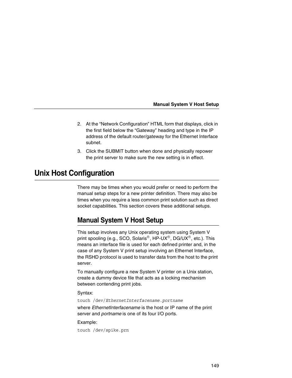 Unix host configuration, Manual system v host setup | IBM INFOPRINT 6500 User Manual | Page 149 / 398