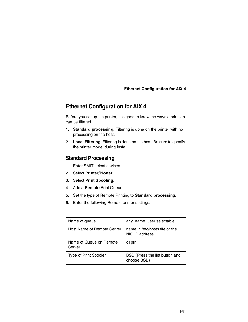 Ethernet configuration for aix 4, Standard processing | IBM INFOPRINT 6500 User Manual | Page 161 / 398
