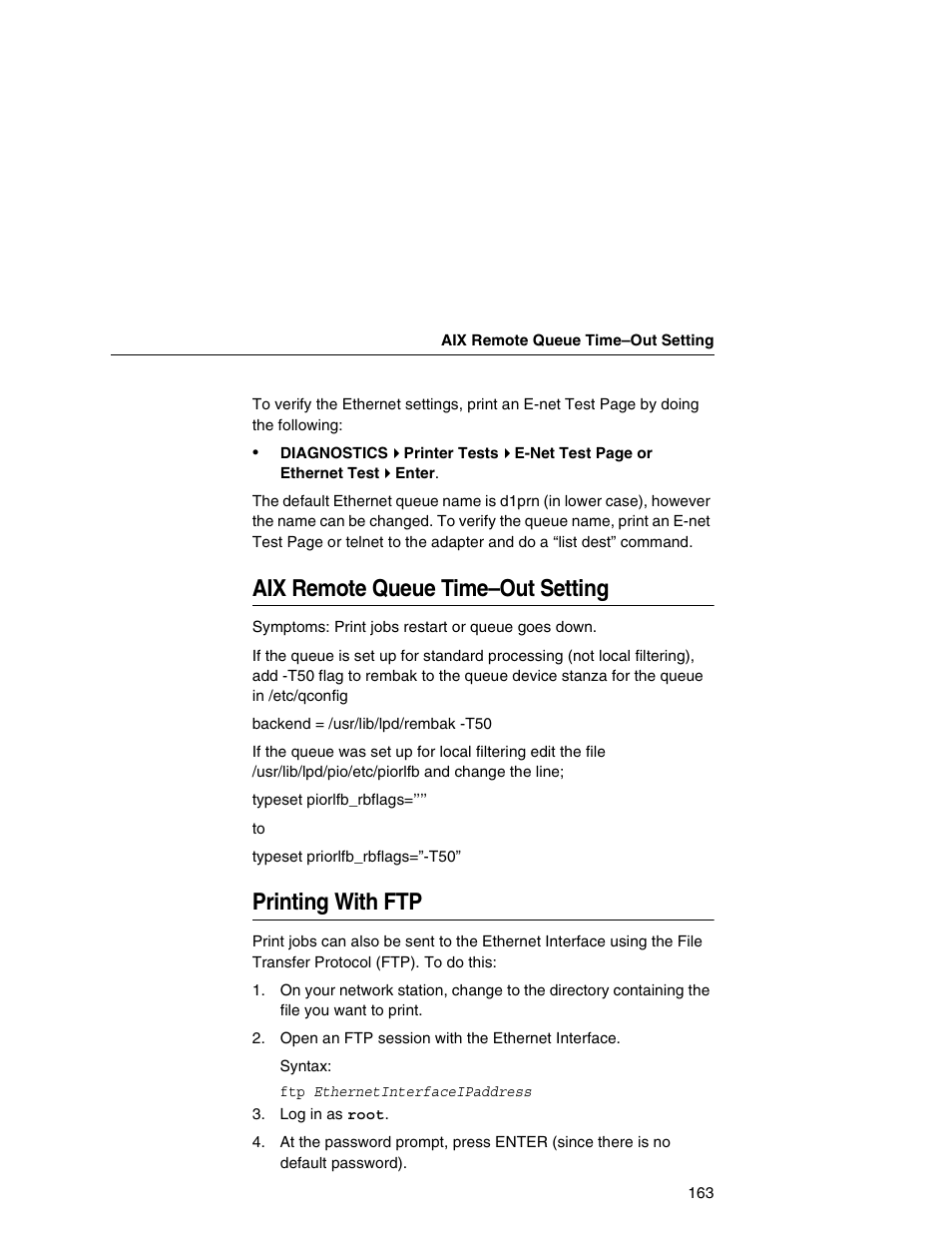 Aix remote queue time–out setting, Printing with ftp | IBM INFOPRINT 6500 User Manual | Page 163 / 398