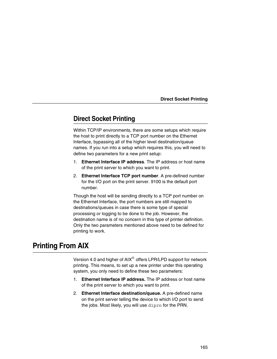 Direct socket printing, Printing from aix | IBM INFOPRINT 6500 User Manual | Page 165 / 398