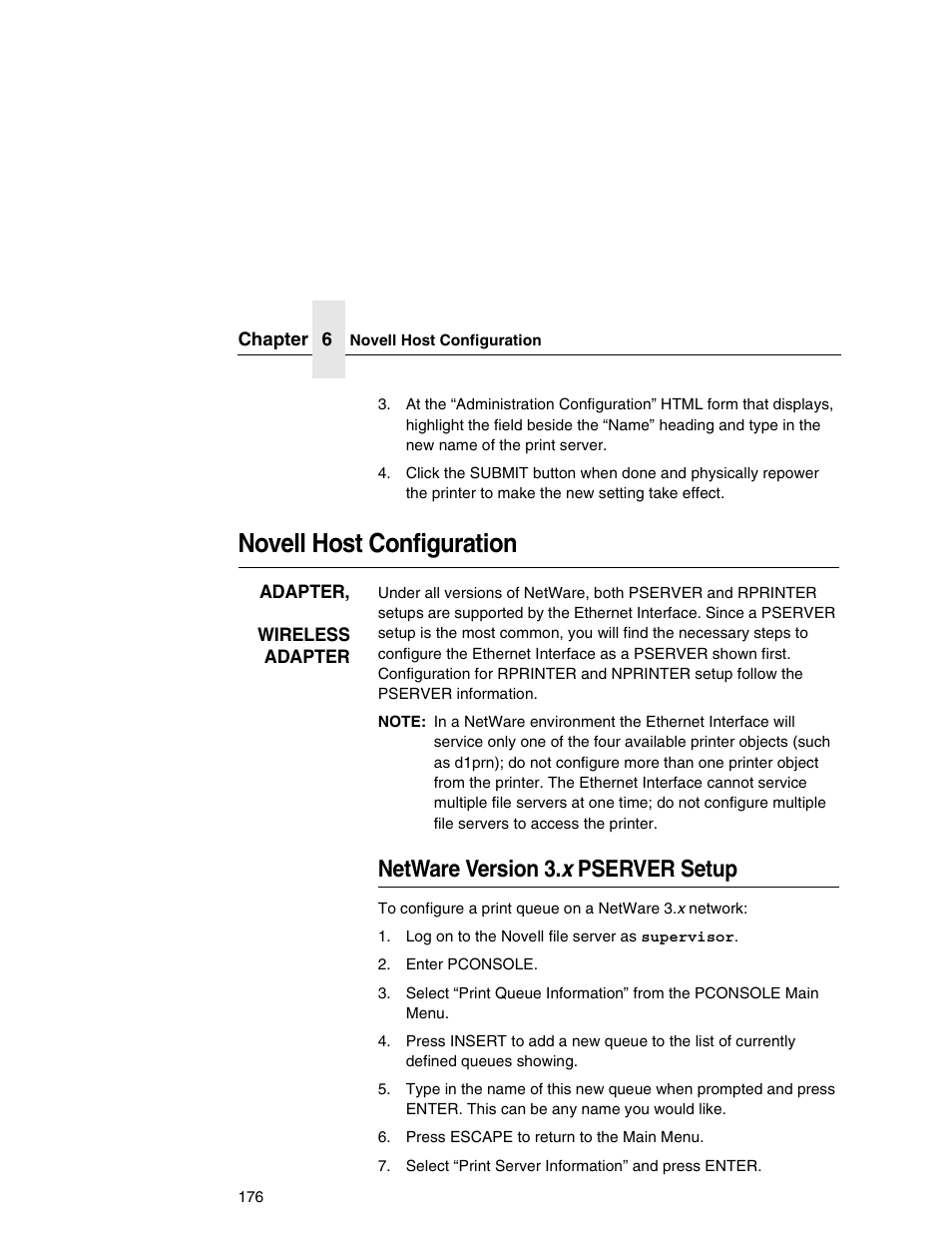 Novell host configuration, Netware version 3.x pserver setup, Netware version 3. x pserver setup | IBM INFOPRINT 6500 User Manual | Page 176 / 398