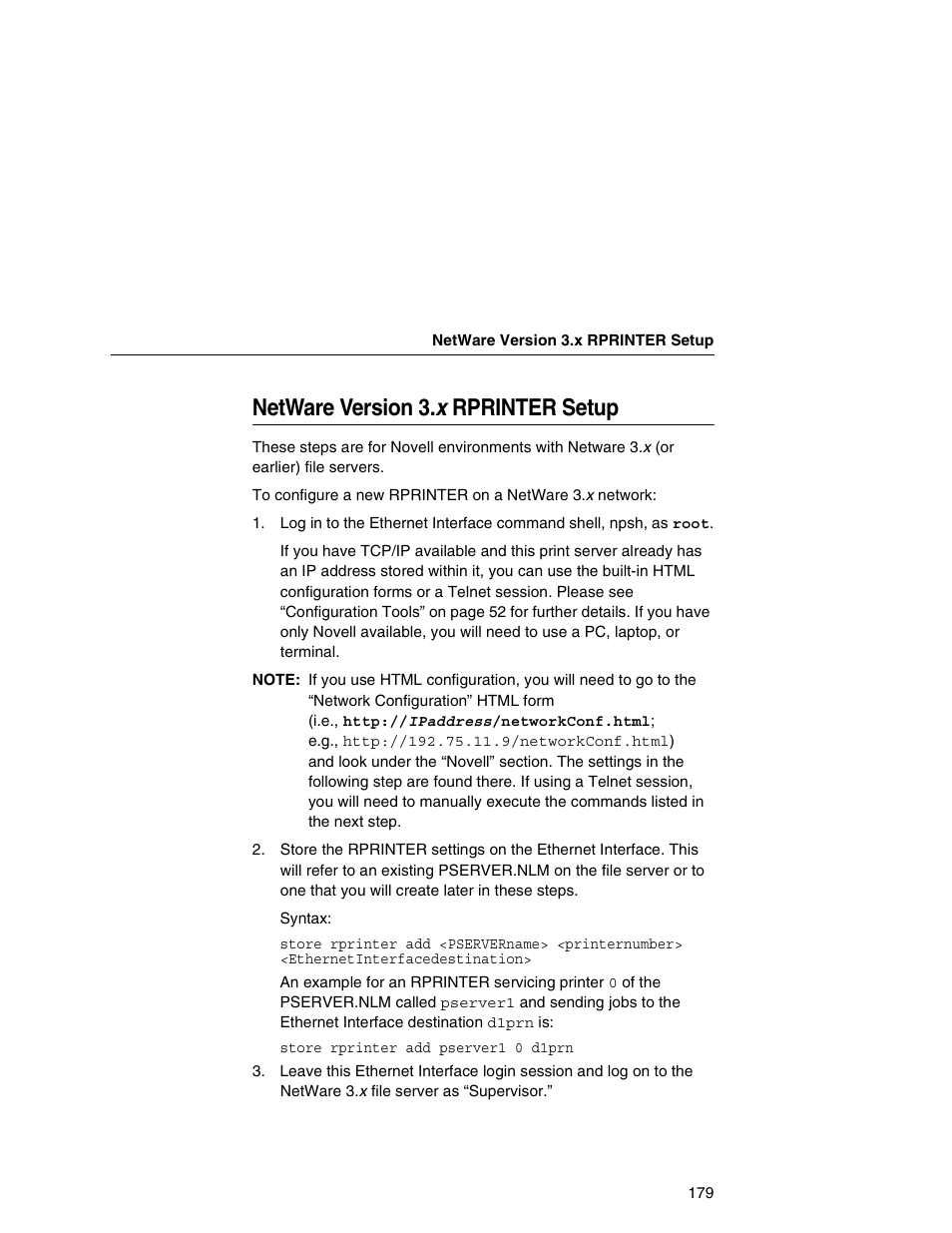 Netware version 3.x rprinter setup, Netware version 3. x rprinter setup | IBM INFOPRINT 6500 User Manual | Page 179 / 398