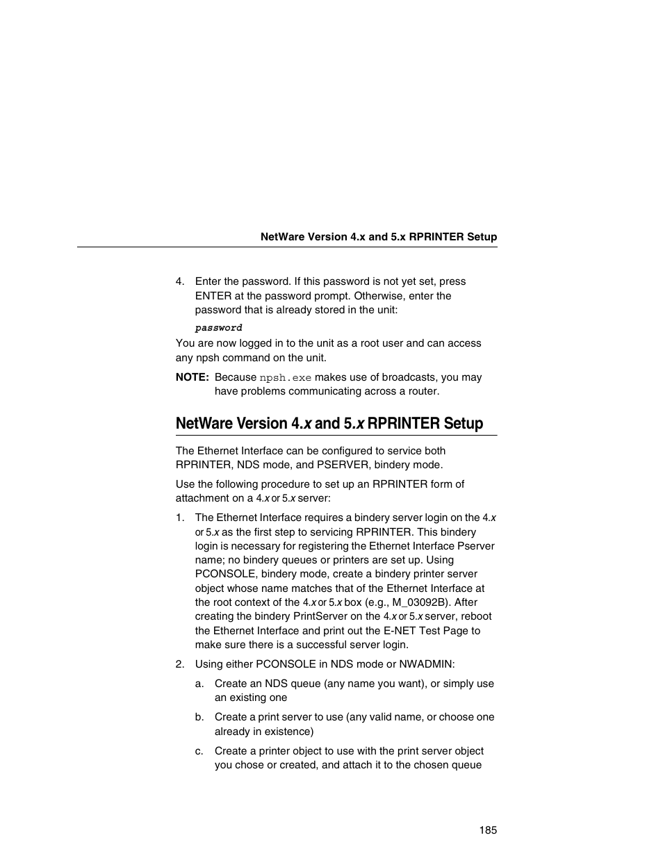 Netware version 4.x and 5.x rprinter setup, Netware version 4. x and 5.x rprinter setup | IBM INFOPRINT 6500 User Manual | Page 185 / 398
