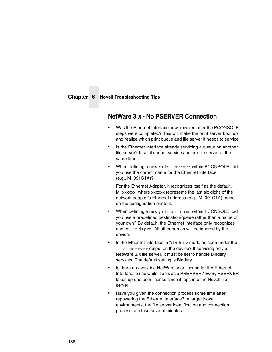 Netware 3.x - no pserver connection, Netware 3. x - no pserver connection | IBM INFOPRINT 6500 User Manual | Page 188 / 398