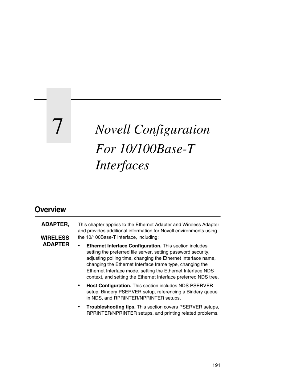 7 novell configuration for 10/100base-t interfaces, Overview, Novell configuration for | 10/100base-t interfaces | IBM INFOPRINT 6500 User Manual | Page 191 / 398