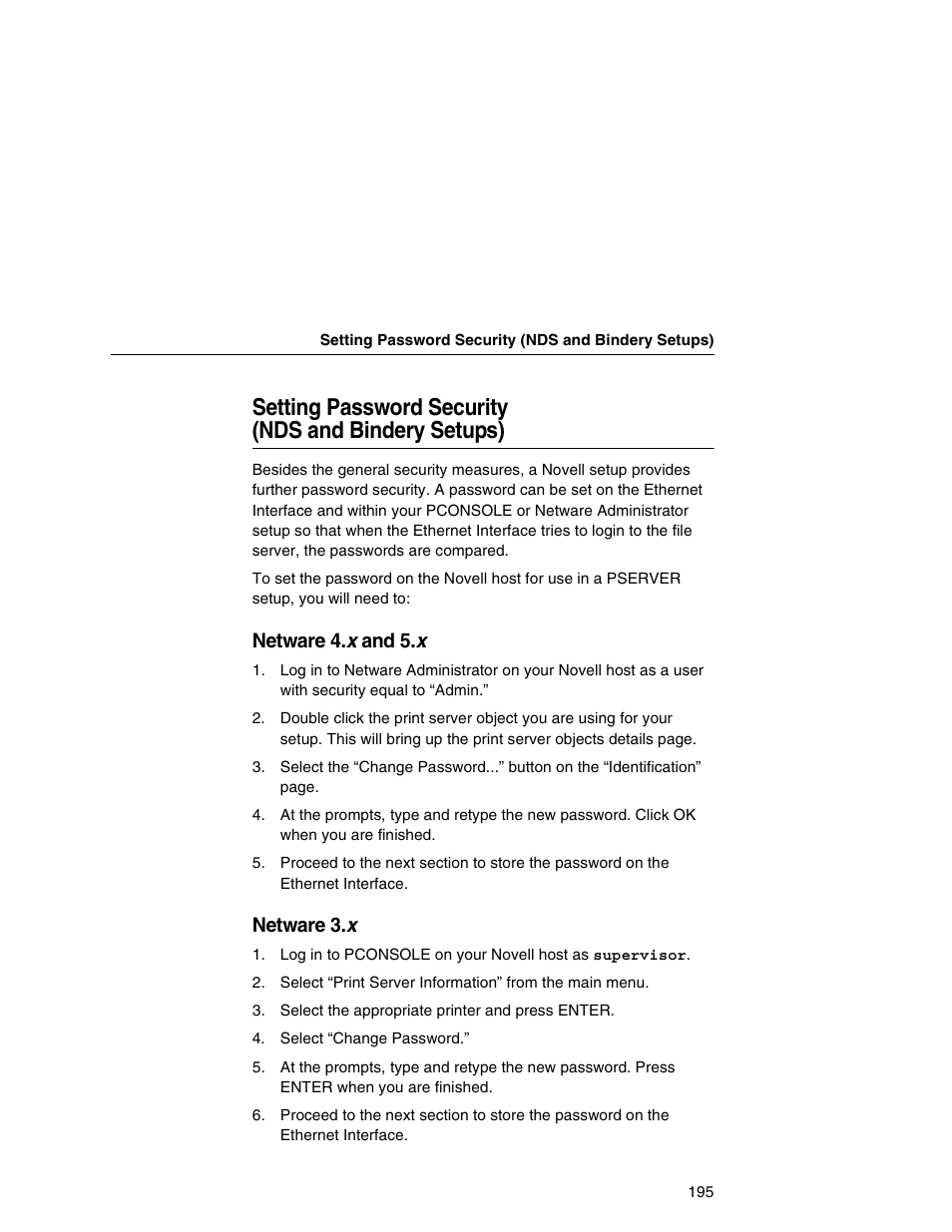 Setting password security (nds and bindery setups), Setting password security, Nds and bindery setups) | Netware 4. x and 5.x, Netware 3. x | IBM INFOPRINT 6500 User Manual | Page 195 / 398