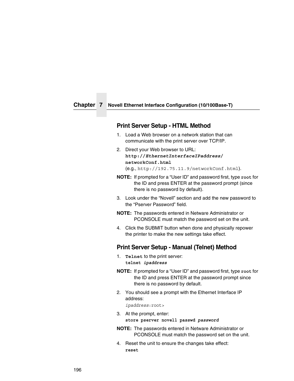 Print server setup - html method, Print server setup - manual (telnet) method | IBM INFOPRINT 6500 User Manual | Page 196 / 398