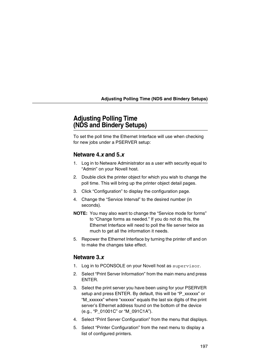 Adjusting polling time (nds and bindery setups), Netware 4. x and 5.x, Netware 3. x | IBM INFOPRINT 6500 User Manual | Page 197 / 398