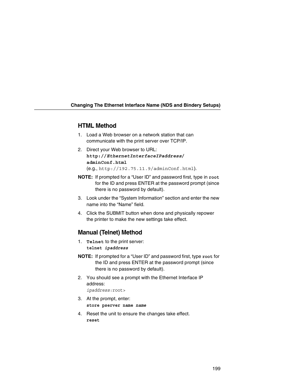 Html method, Manual (telnet) method | IBM INFOPRINT 6500 User Manual | Page 199 / 398