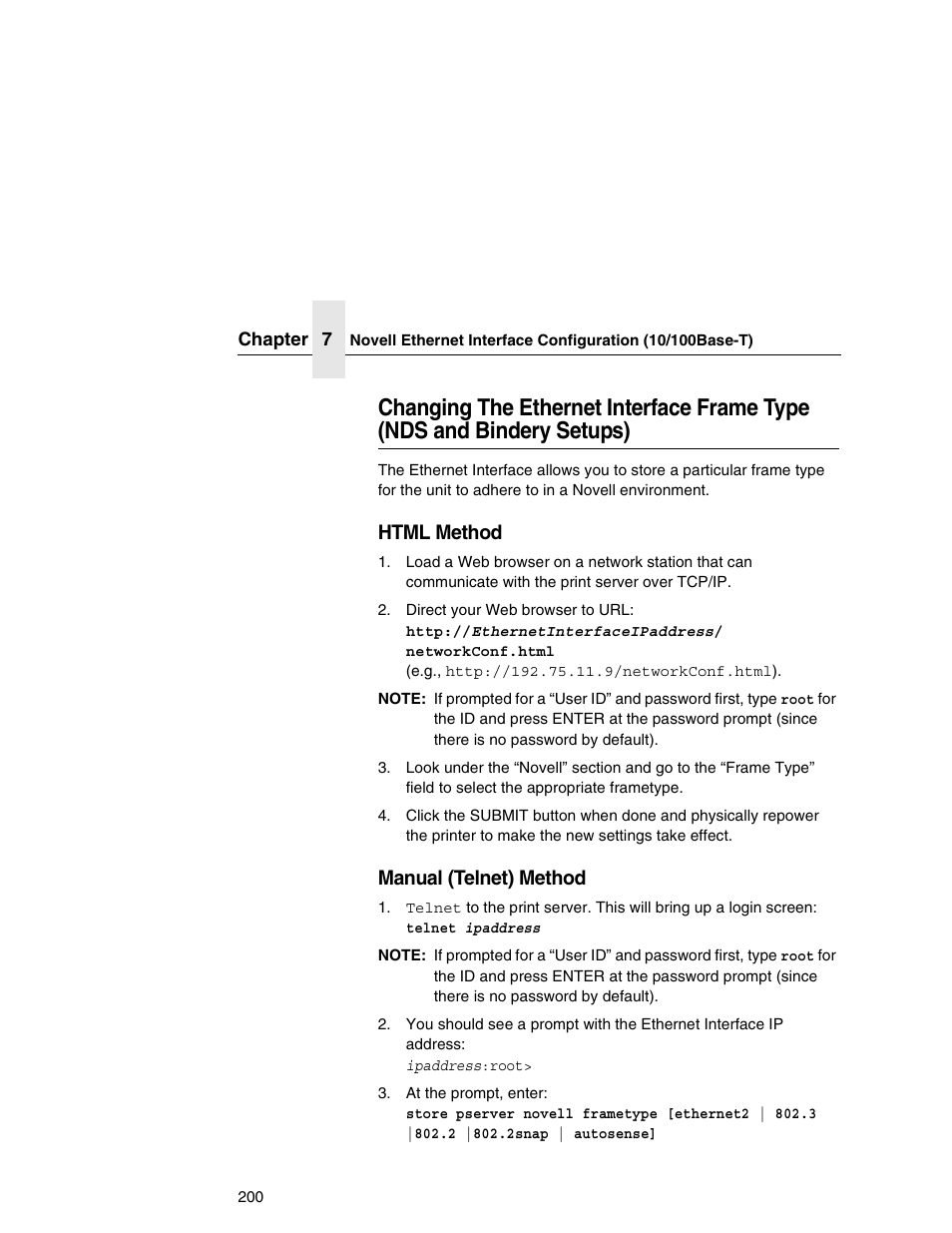 Changing the ethernet interface frame type, Nds and bindery setups), Html method | Manual (telnet) method | IBM INFOPRINT 6500 User Manual | Page 200 / 398
