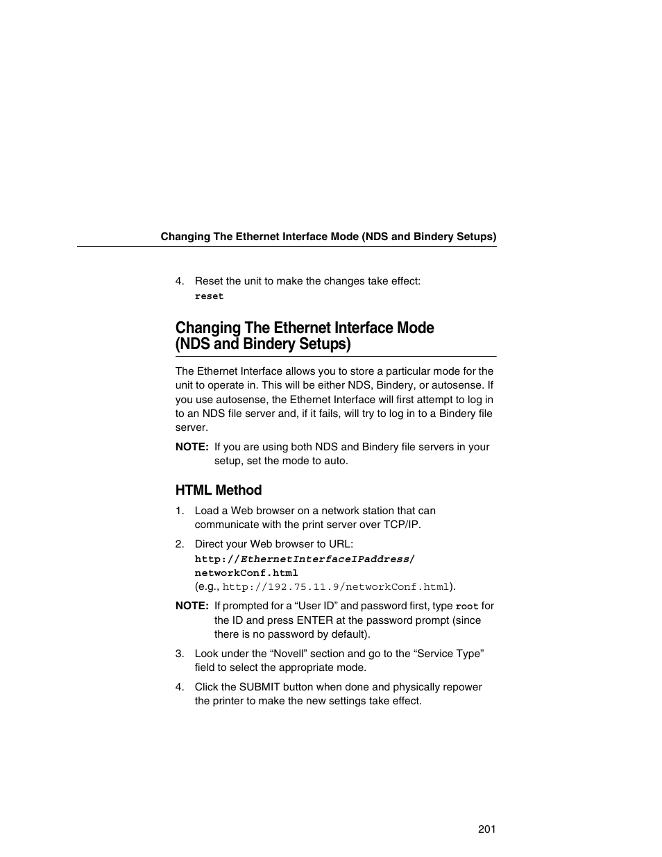 Changing the ethernet interface mode, Nds and bindery setups), Html method | IBM INFOPRINT 6500 User Manual | Page 201 / 398