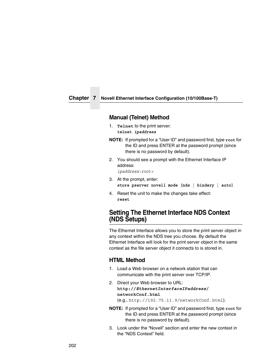 Setting the ethernet interface nds context, Nds setups), Manual (telnet) method | Html method | IBM INFOPRINT 6500 User Manual | Page 202 / 398