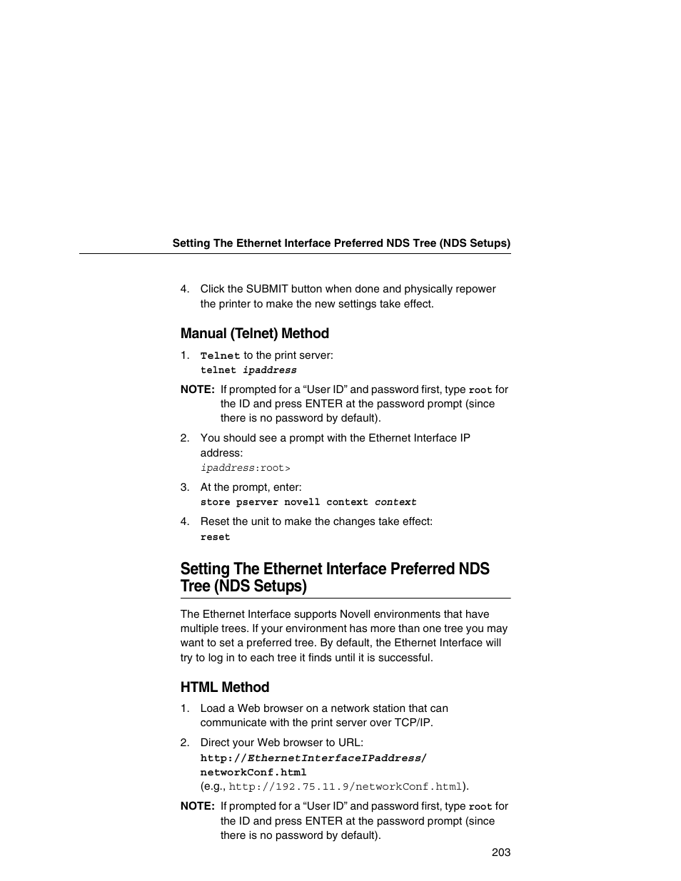 Setting the ethernet interface preferred nds tree, Nds setups), Manual (telnet) method | Html method | IBM INFOPRINT 6500 User Manual | Page 203 / 398