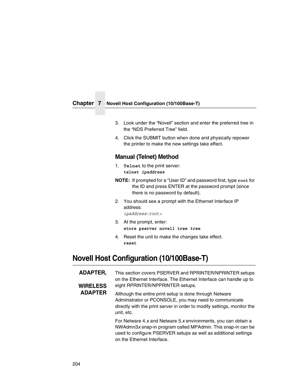 Novell host configuration (10/100base-t), Manual (telnet) method | IBM INFOPRINT 6500 User Manual | Page 204 / 398