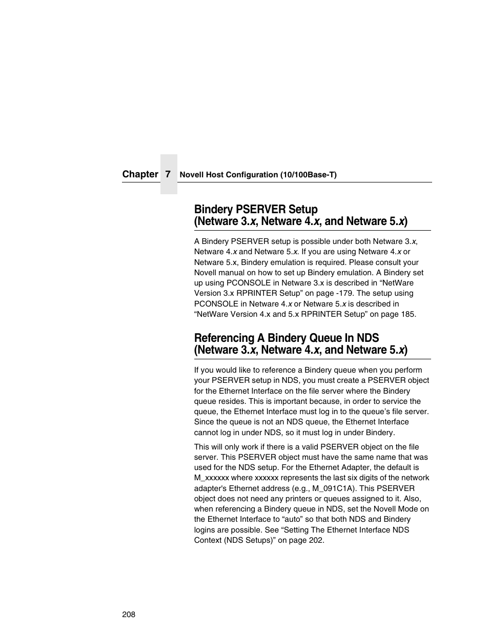 Bindery pserver setup, Netware 3.x, netware 4.x, and netware 5.x), Referencing a bindery queue in nds | IBM INFOPRINT 6500 User Manual | Page 208 / 398