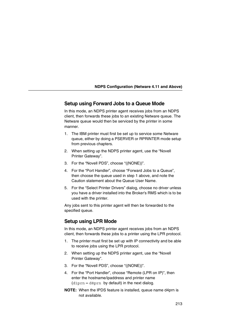 Setup using forward jobs to a queue mode, Setup using lpr mode | IBM INFOPRINT 6500 User Manual | Page 213 / 398