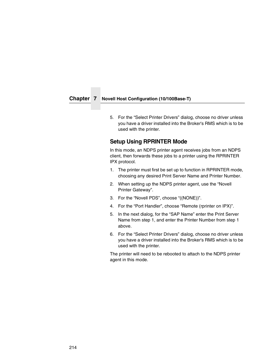 Setup using rprinter mode | IBM INFOPRINT 6500 User Manual | Page 214 / 398