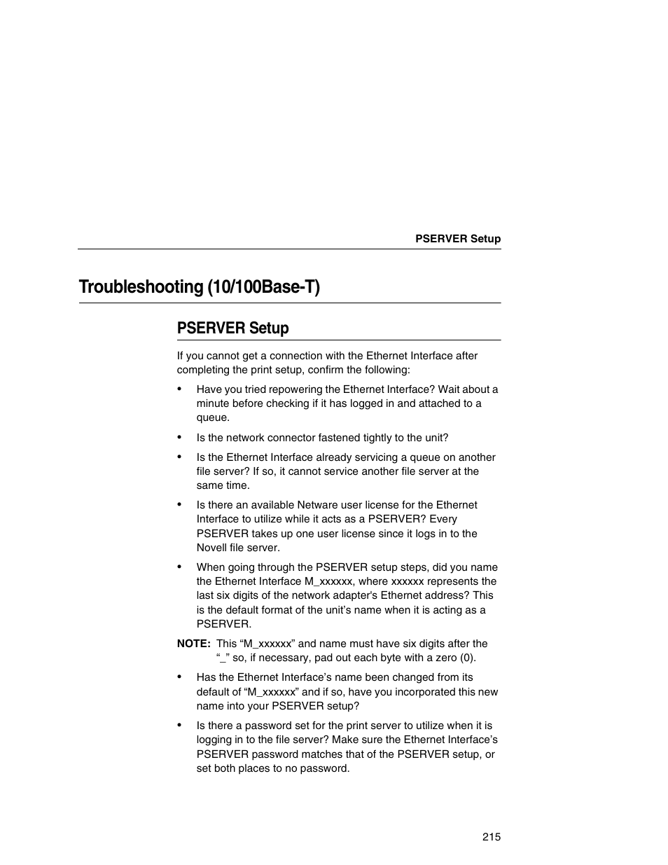 Troubleshooting (10/100base-t), Pserver setup | IBM INFOPRINT 6500 User Manual | Page 215 / 398