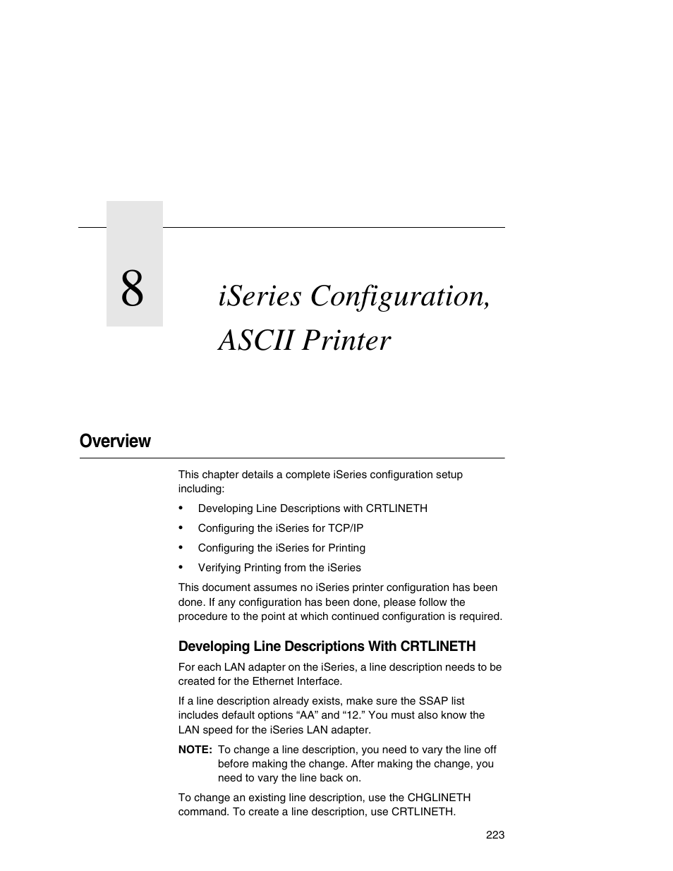 8 iseries configuration, ascii printer, Overview, Iseries configuration, ascii printer | IBM INFOPRINT 6500 User Manual | Page 223 / 398