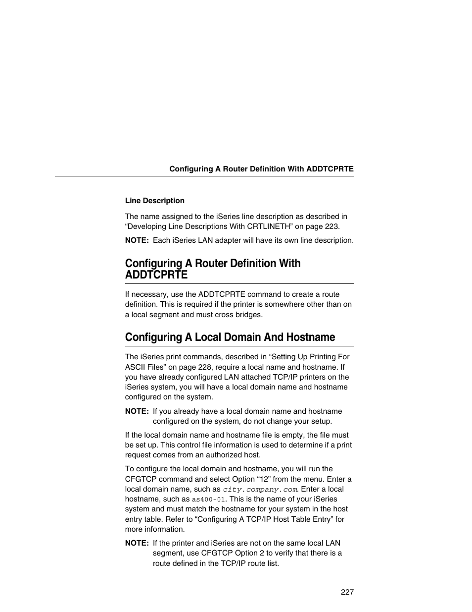 Configuring a router definition with addtcprte, Configuring a local domain and hostname | IBM INFOPRINT 6500 User Manual | Page 227 / 398