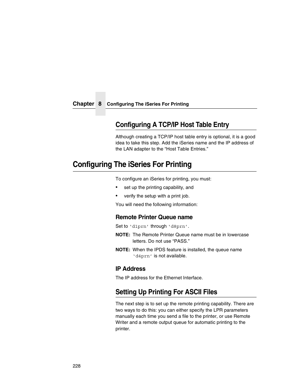 Configuring a tcp/ip host table entry, Configuring the iseries for printing, Setting up printing for ascii files | IBM INFOPRINT 6500 User Manual | Page 228 / 398