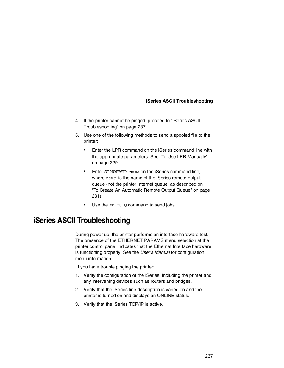 Iseries ascii troubleshooting | IBM INFOPRINT 6500 User Manual | Page 237 / 398