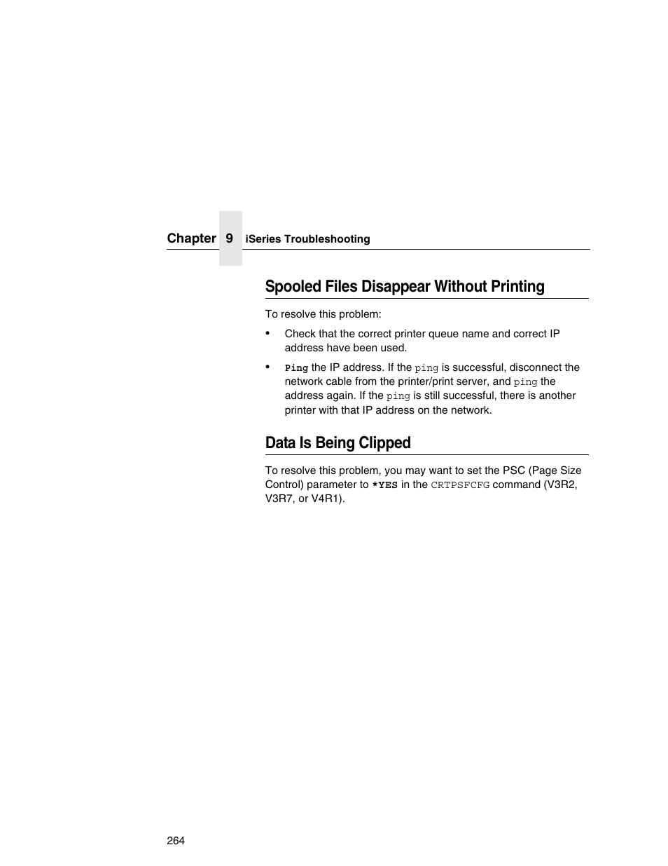 Spooled files disappear without printing, Data is being clipped | IBM INFOPRINT 6500 User Manual | Page 264 / 398