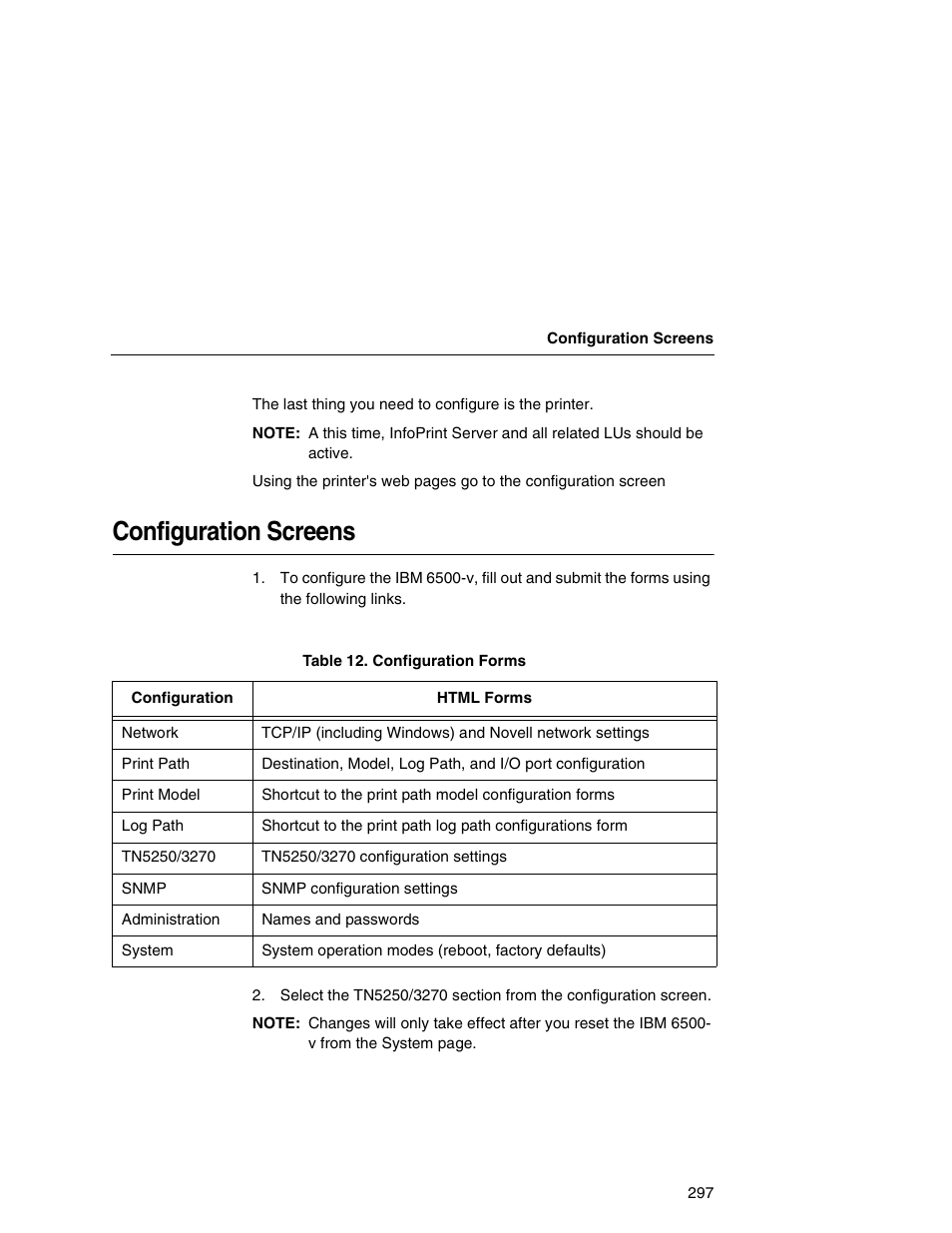 Configuration screens | IBM INFOPRINT 6500 User Manual | Page 297 / 398