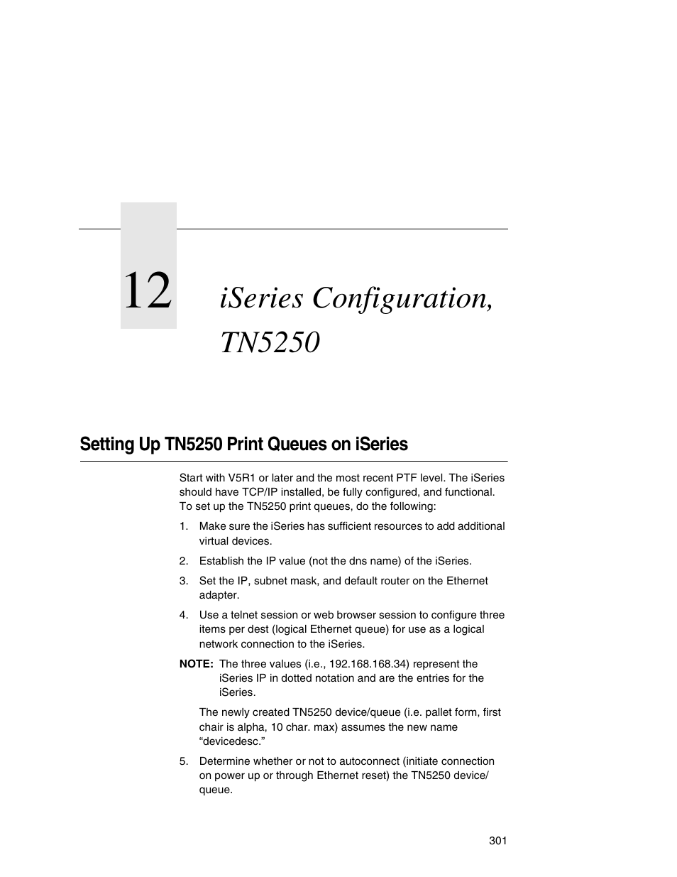 12 iseries configuration, tn5250, Setting up tn5250 print queues on iseries, Iseries configuration, tn5250 | IBM INFOPRINT 6500 User Manual | Page 301 / 398