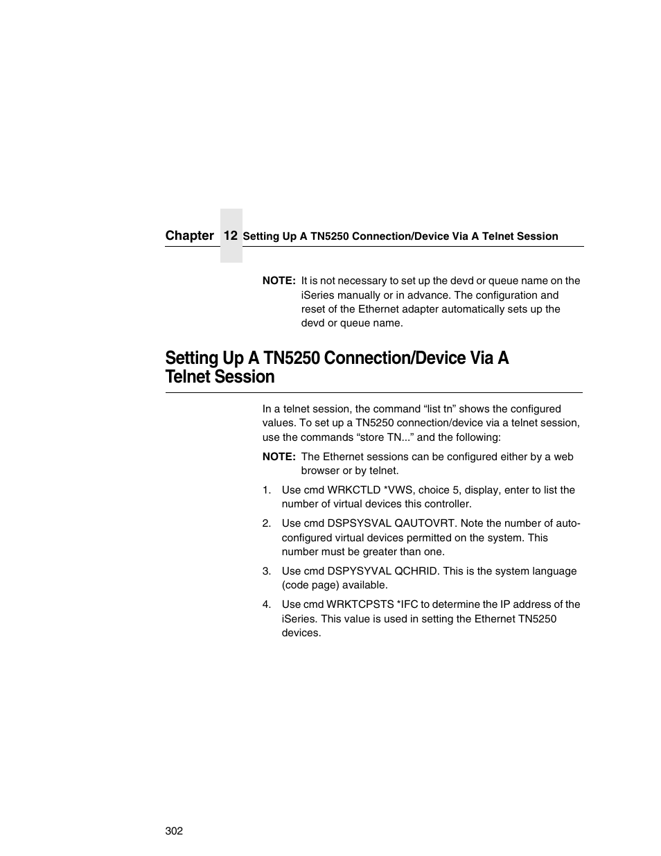 Setting up a tn5250 connection/device via a, Telnet session | IBM INFOPRINT 6500 User Manual | Page 302 / 398