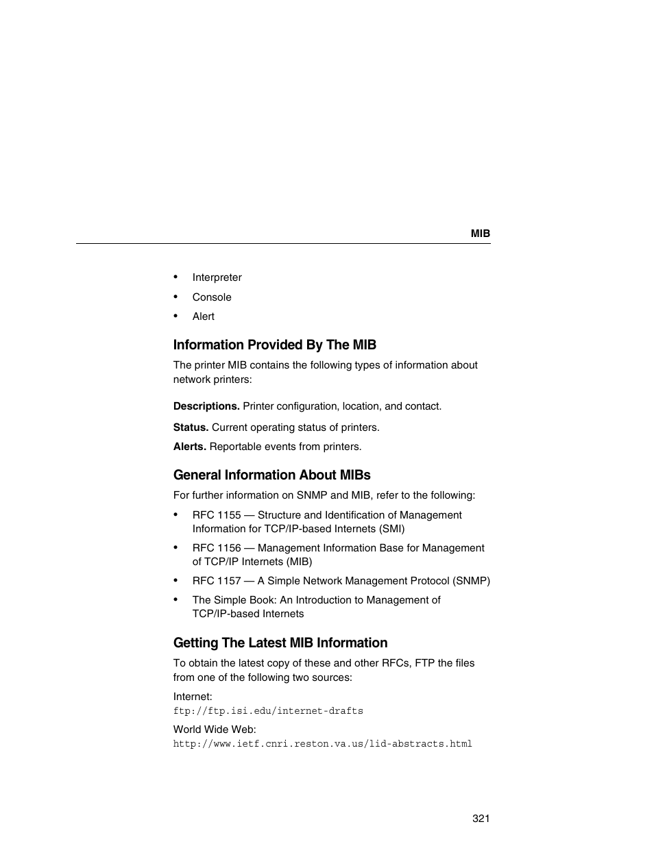 Information provided by the mib, General information about mibs, Getting the latest mib information | IBM INFOPRINT 6500 User Manual | Page 321 / 398