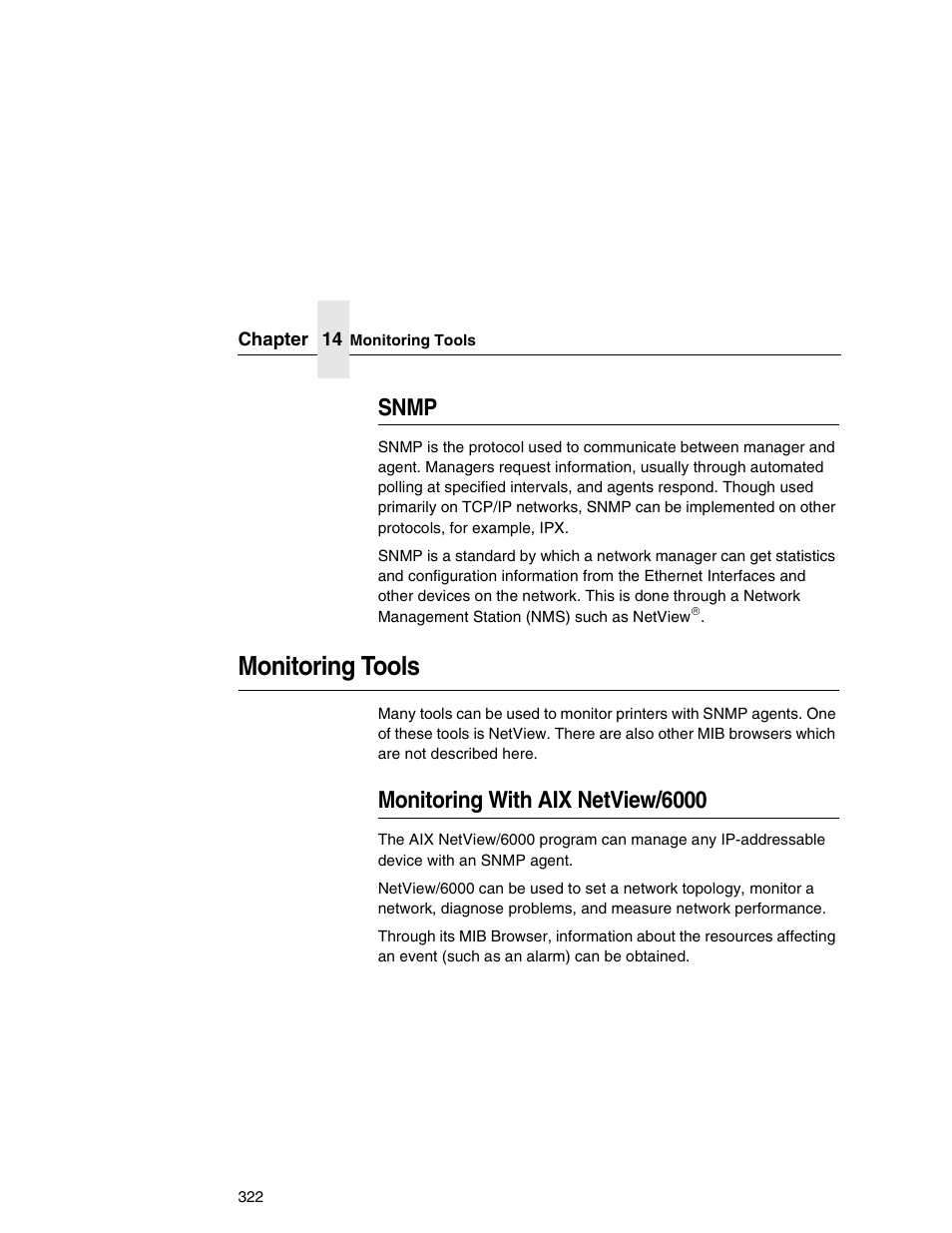 Snmp, Monitoring tools, Monitoring with aix netview/6000 | IBM INFOPRINT 6500 User Manual | Page 322 / 398