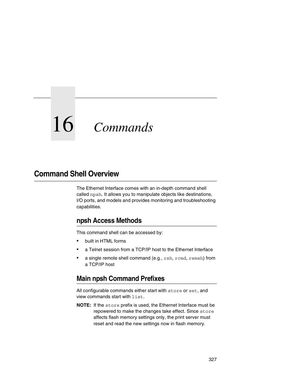 16 commands, Command shell overview, Npsh access methods | Main npsh command prefixes, Commands | IBM INFOPRINT 6500 User Manual | Page 327 / 398