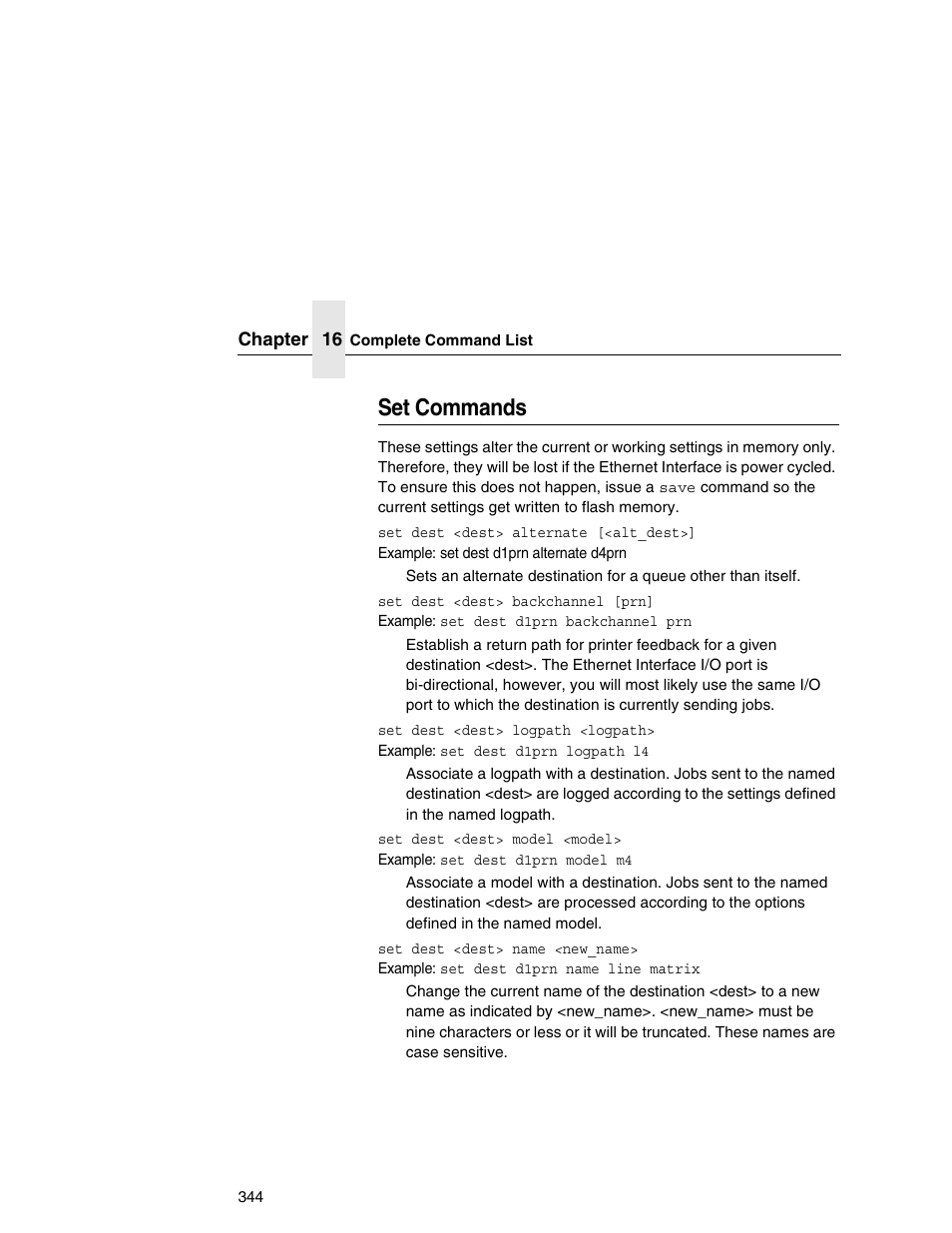Set commands, Set dest, Dest> name <new_name | 344 fo | IBM INFOPRINT 6500 User Manual | Page 344 / 398